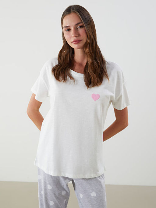 Bisiklet Yaka Kalp Bask?l? Kad?n Pijama Tak?m?