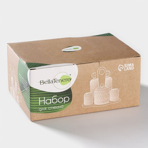 Набор для специй и соусов BellaTenero, 5 предметов: 2 соусника 200 мл, сахарница 360 мл, солонка 120 мл, перечница 120 мл, на бамбуковой подставке, керамика, белый