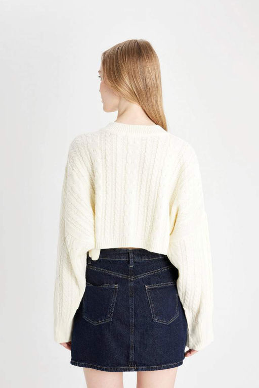 Женский крутой плетеный трикотажный свитер стандартной посадки с круглым вырезом и волосами - Defacto фото 6