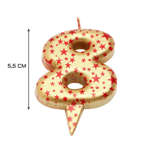 Свеча в торт Саната, цифра 8, золотая с красными звездами, 5,5 см - Страна карнавалия фото 3