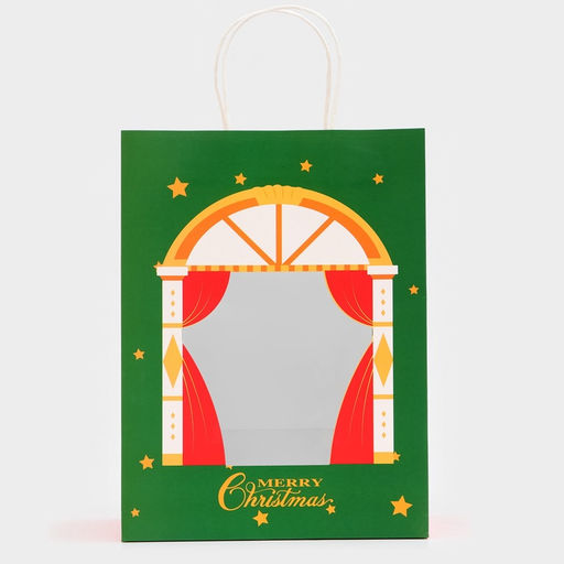 Цена за 2 шт. Пакет подарочный бумажный с окном «Театр» 30×22×14 см, крафт зеленый