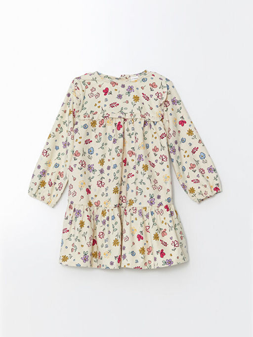 Bisiklet Yaka K?z ?ocuk ?i?ekli Kadife Elbise