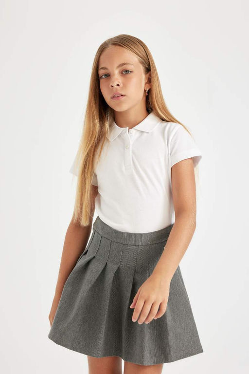 Базовая хлопковая белая футболка-поло с короткими рукавами для девочек - Defacto фото 3