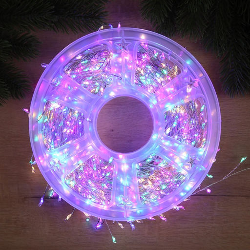 Гирлянда Мишура 50 м роса, IP44, серебристая нить, 1500 LED, 8 режимов, свечение мульти, 36 В