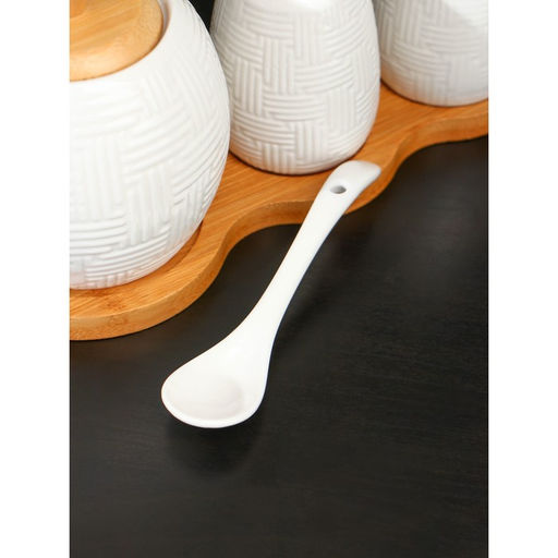 Набор фарфоровый для специй на бамбуковой подставке BellaTenero, 3 предмета: солонка 70 мл, перечница 70 мл, сахарница с ложкой 260 мл, белый