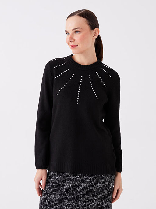 Bisiklet Yaka Bask?l? Uzun Kollu Kad?n Triko Tunik