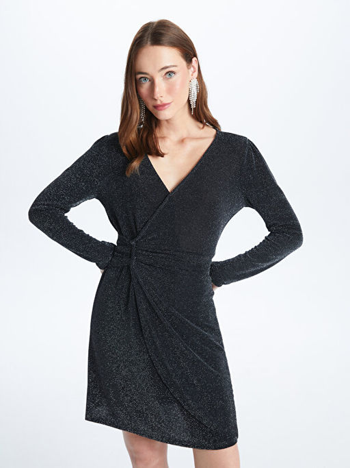 Kruvaze Yaka Parlak G?r?n?ml? Uzun Kollu Kad?n Abiye Elbise