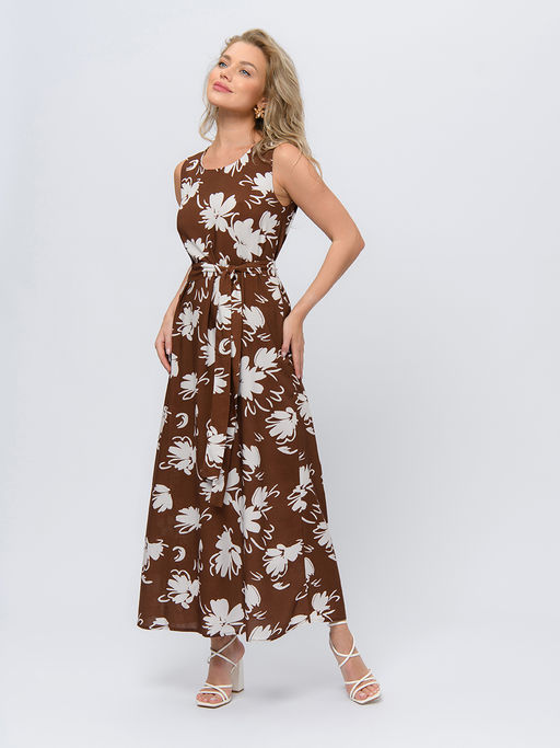 Платье коричневого цвета длины макси с цветочным принтом и поясом - 1001dress фото 3