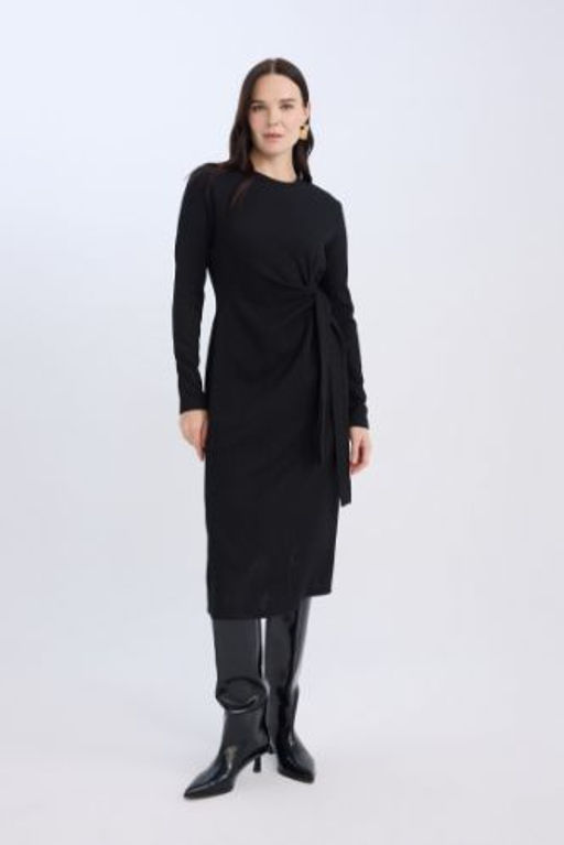 Bisiklet Yaka Basic Duz Beli Baglamal? Burumcuk Uzun Kollu Maxi Siyah Elbise