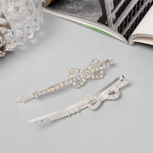 Цена за 2 шт. Невидимки для волос «Эбба», набор 2 шт., бант, 6 см, серебро