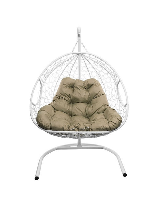 Кресло - кокон подвесное «Для двоих», 126×73×193 см, с искусственным ротангом, белое, с бежевой подушкой