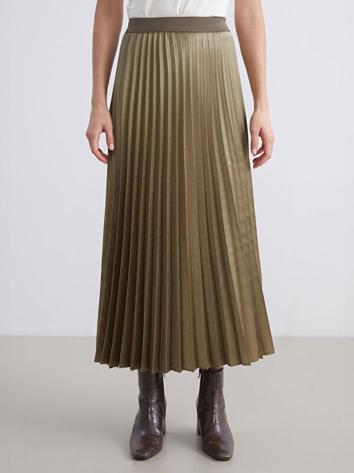 Beli Lastikli Saten Pileli Etek