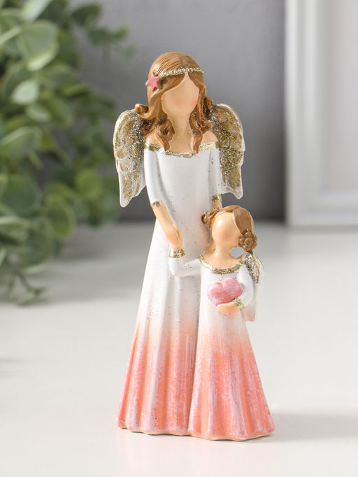 Сувенир полистоун "Девушка-ангел в светло-розовом платье и малышка с сердцем" 14,5 см
