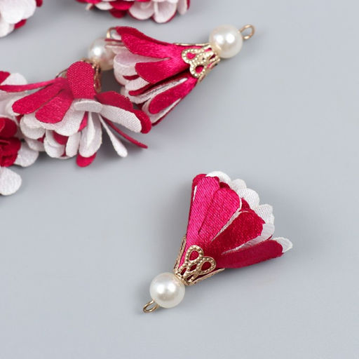 Декор текстиль Цветок 2 с жемчужиной. Малиновый и белый, набор 6 шт., 3 см