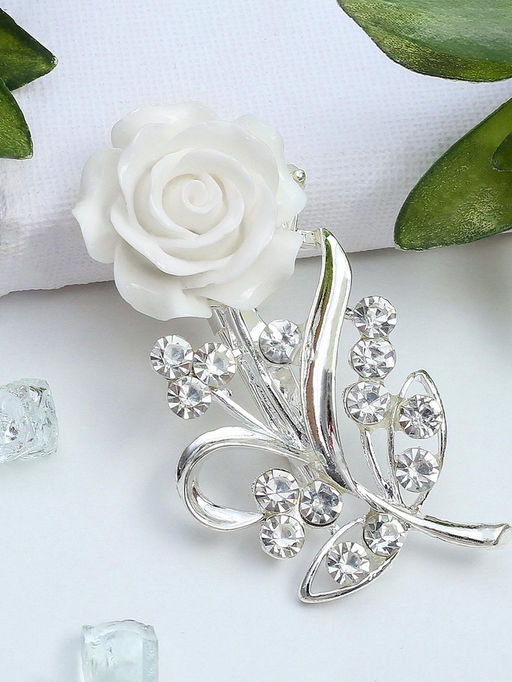 Брошь Цветок, роза нежная, цвет белый в серебре