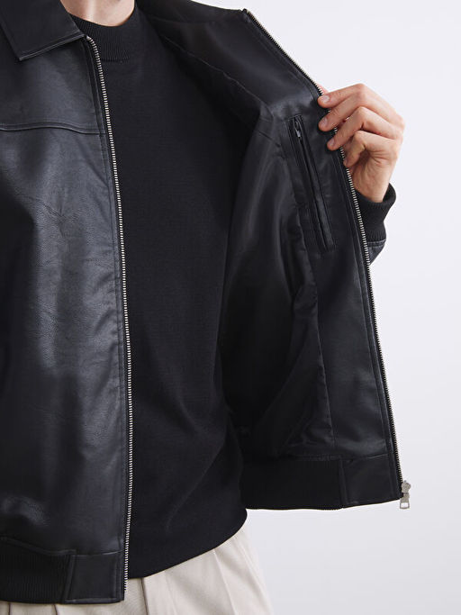 Standart Kal?p G?mlek Yaka Erkek Deri G?r?n?ml? Ceket