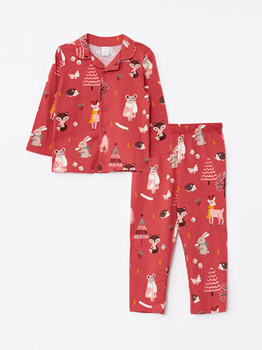 Polo Yaka Uzun Kollu Bask?l? K?z Bebek Pijama Tak?m?