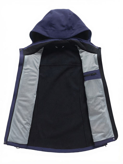 Ветровка женская софтшелл виндстоппер с капюшоном спортивная темно-синего цвета 9616_1TS