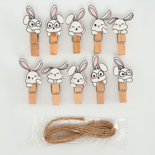 Цена за 2 шт. Прищепки декоративные с верёвкой для подвеса «Зайчики» набор 10 шт. — 1.5×12×14 см