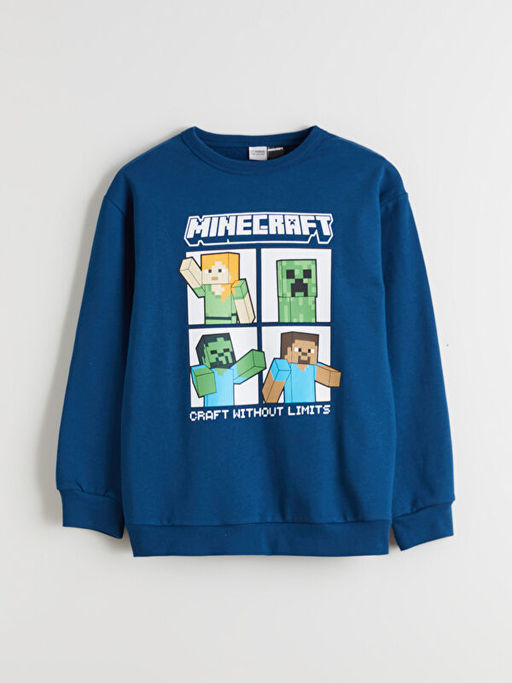 Bisiklet Yaka Minecraft Bask?l? Erkek ?ocuk Sweatshirt