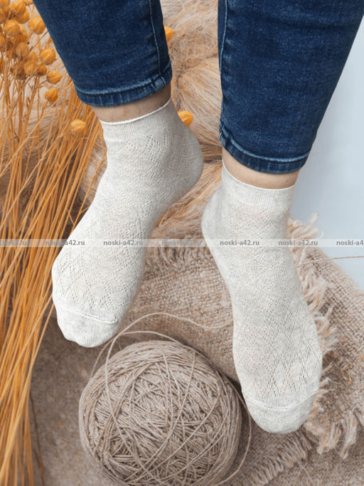 Цена за 5 пар.5 ПАР - Носки женские Белорусский лен с крапивой ажурные