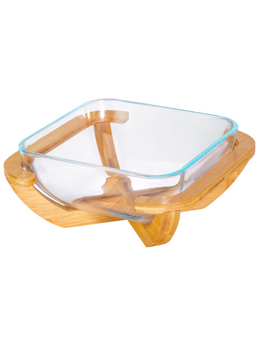 Блюдо для сервировки и запекания 2 л 24,5*24,5*10 см "GLASKRAFT" квадратное с бамбуковой подставкой