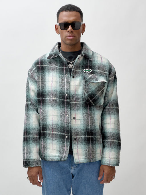 Куртка рубашка шерстяная в клетку мужская демисезонная зеленого цвета 58592Z