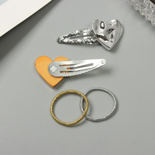 Цена за 2 шт. Набор для волос «Беатрис», 10 резинок 3 см, 2 заколки 5.5 см, сердце, серебро золото