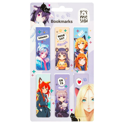 Закладки магнитные для книг 6шт. MESHU 90*170мм "Neko" (MS_58945) глянцевая ламинация