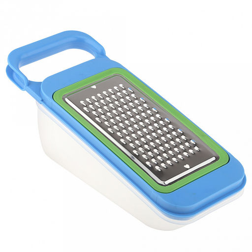 Терка из нержавеющей стали Хозяюшка 25,5х10,5х8,5см, с пластмассовым контейнером с крышкой 0,5л 20,5х10х5см, с насадками - 4 вида, пластмассовый держатель для насадки, в коробке (Китай) - Домашняя мода фото 3