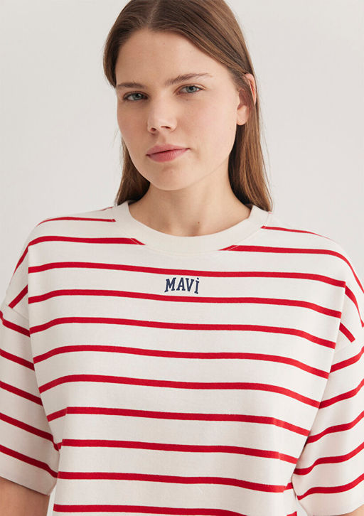 Mavi Logo Bask?l? K?rm?z? Cizgili Crop Tisort  фото 6