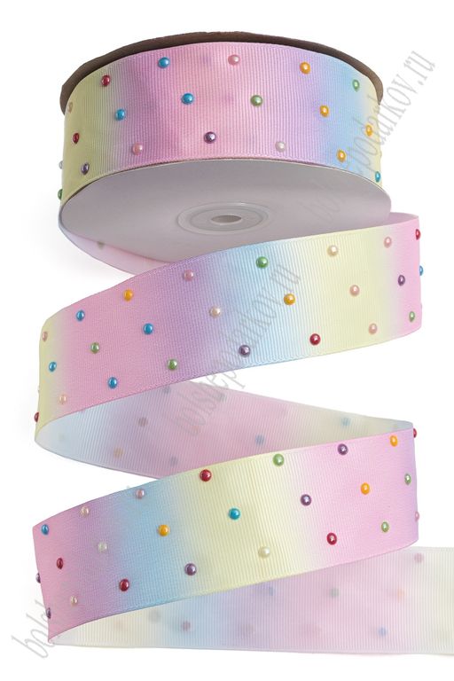 Лента репсовая с жемчужными полубусинами "Радуга" 3,8 см*20 ярд (SF-7027-2)