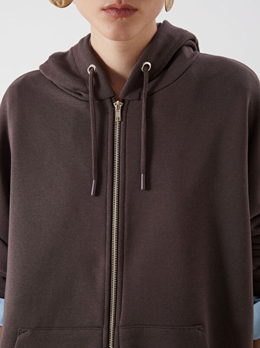 Kap??onlu Oversize Kad?n Fermuarl? Sweatshirt