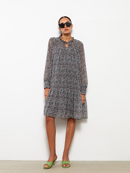 Ba?lamal? Yaka ?i?ekli Uzun Kollu Hamile Elbise