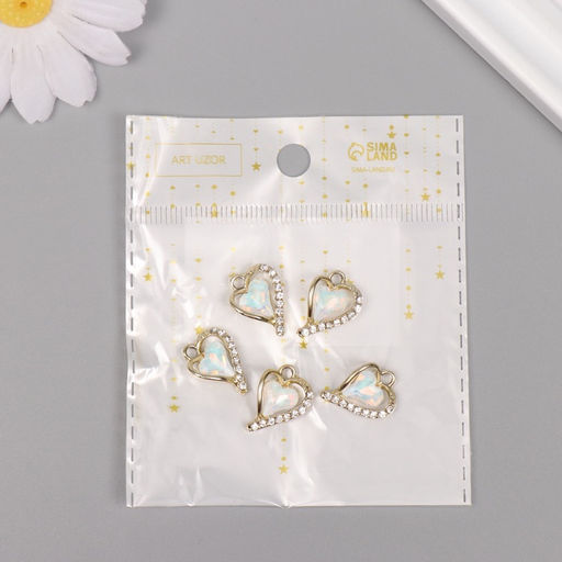 Цена за 5 шт. Декор для творчества металл, стразы «Изогнутое сердце», золото, белый, 1.8×1.3×0.5 см