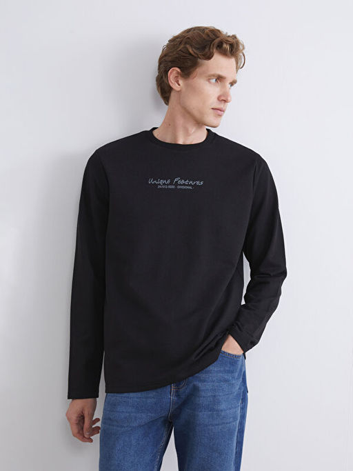 Bisiklet Yaka Uzun Kollu Bask?l? Erkek Sweatshirt