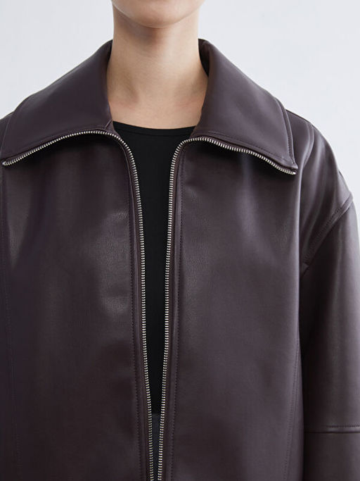 G?mlek Yaka Oversize Kad?n Deri G?r?n?ml? Ceket