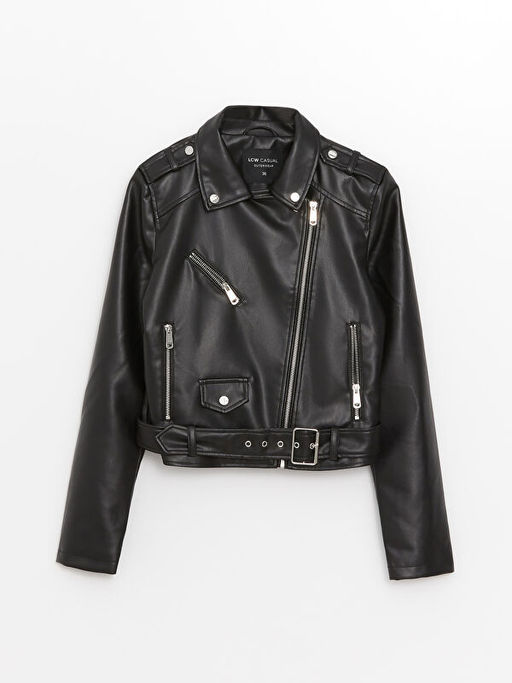 Kad?n Biker Yaka D?z Deri G?r?n?ml? Mont