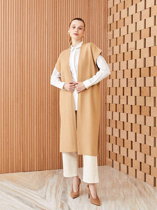 ?al Yaka D?z Oversize Kad?n Triko Yelek