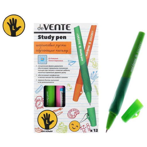 Цена за 12 шт. Ручка обучающая для левши deVENTE Study Pen, узел 0.7 мм, каучуковый держатель, чернила синие на масляной основе