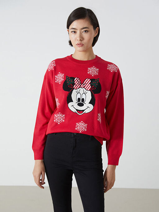 Bisiklet Yaka Minnie Mouse Desenli Kad?n Triko Kazak