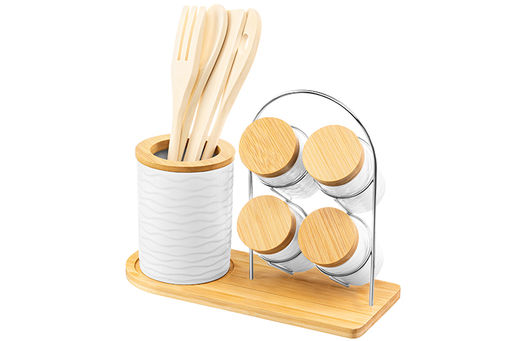 Набор 9 пр.- набор кух. принад. 4 пр. с подставкой+ банки д/хранен. 4 пр. Айсберг волны на дер.под - Elan gallery фото 4