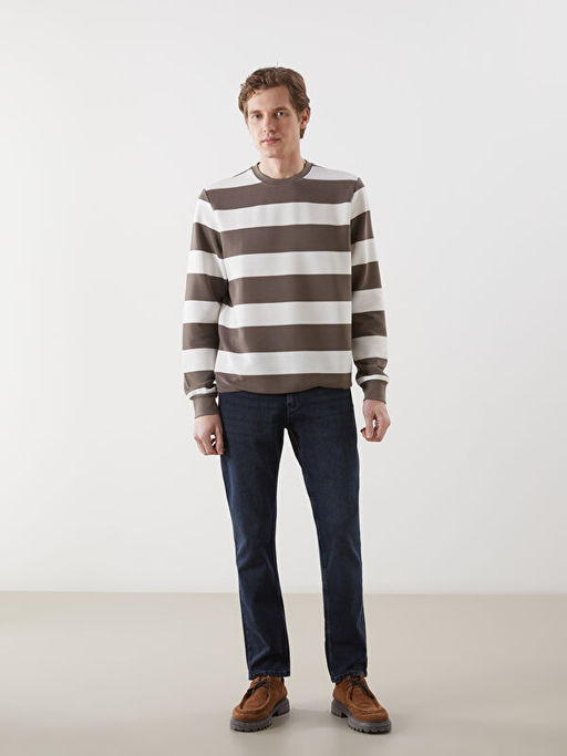 Bisiklet Yaka Uzun Kollu ?izgili Erkek Sweatshirt