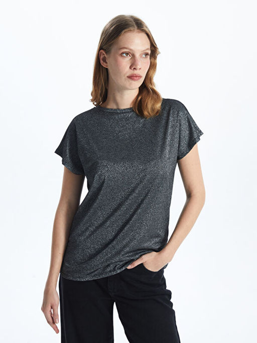 Dik Yaka Parlak G?r?n?ml? Kad?n Ti??rt