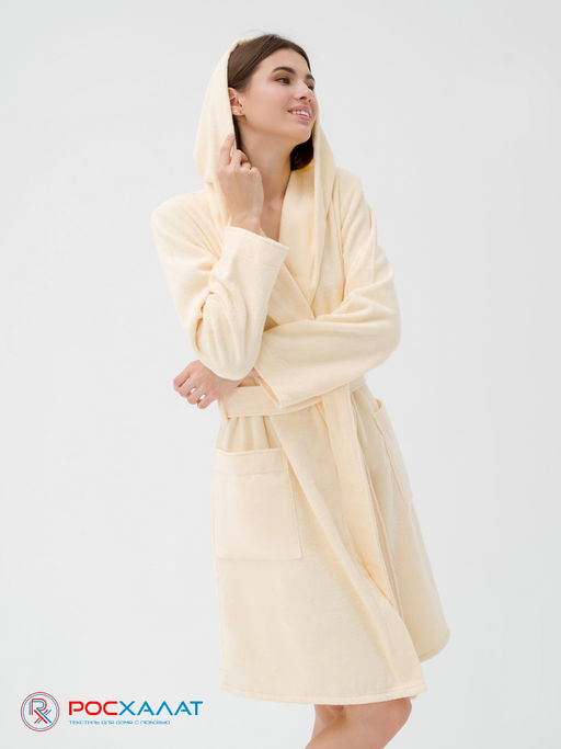 Махровый женский укороченный халат с капюшоном Кремовый МЗ-01 (131)