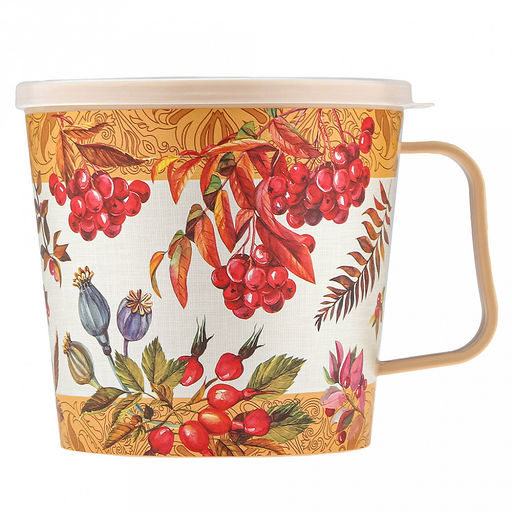 Контейнер-кружка пластмассовый 0,75л, д11,2см, 10,5см, с крышкой, с клапаном, бежевый, с декором, подходит для СВЧ (Россия)