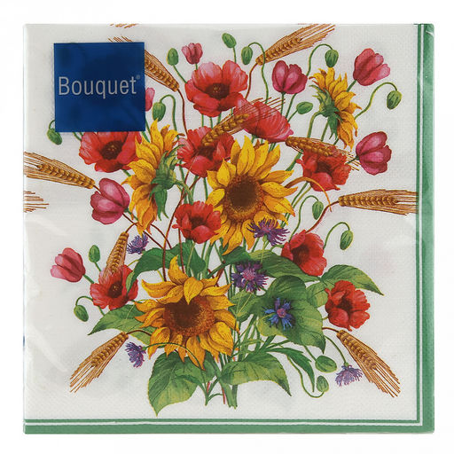 Салфетки бумажные "Bouquet" 33х33см, 3-х слойные, 20 штук в упаковке, 100% целлюлоза, "Солнечный букет" (Россия)