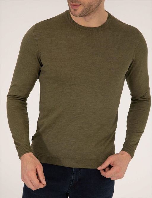A__k Ye_il Slim Fit Bisiklet Yaka Y_n Kar___ml_ Basic Triko Kazak - Pierre cardin фото 6