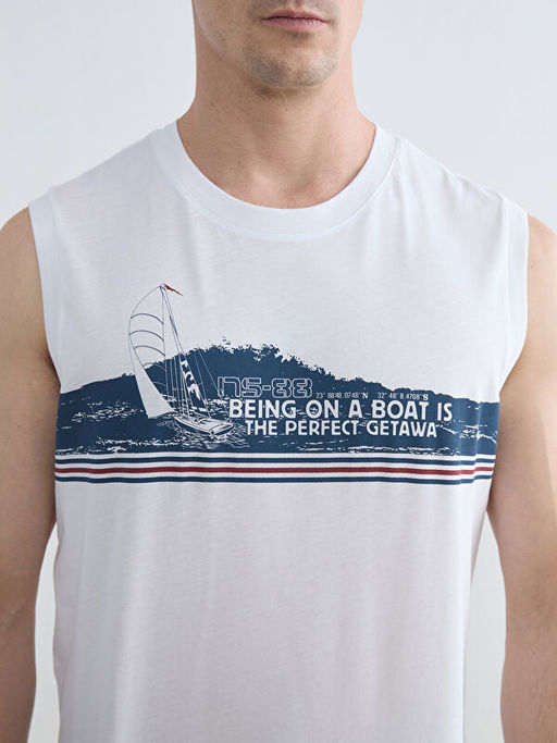 Bisiklet Yaka Bask?l? Erkek Kolsuz Ti??rt