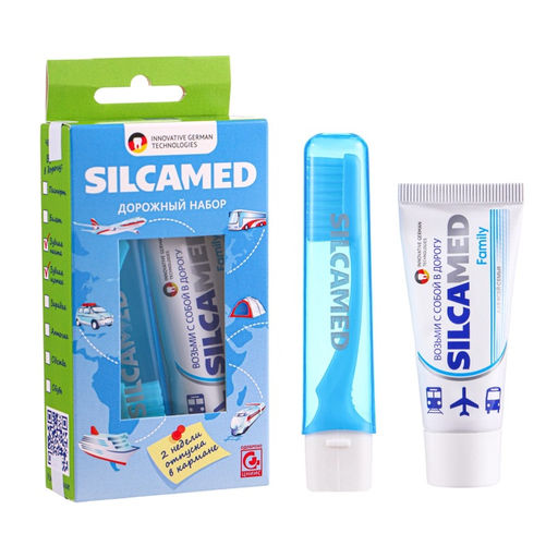 Цена за 2 шт. Набор дорожный: зубная паста Silcamed family, 30 г + зубная щётка Silcamed